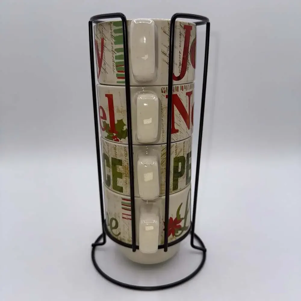 Pier 1 Christmas Stacking Coffee Mugs Peace Love Joy Noel Set of 4 + Holder